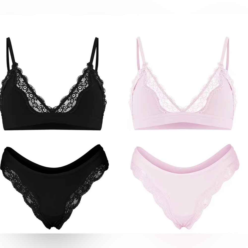KatchMe Lace Series Spaghetti Strap Lace Trim Wirefree Bralette & Thong Set